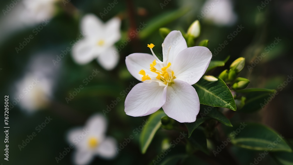 Selective focus accentuates beauty of jasmine flower against background Selective focus accentuates beauty of jasmine flower against background