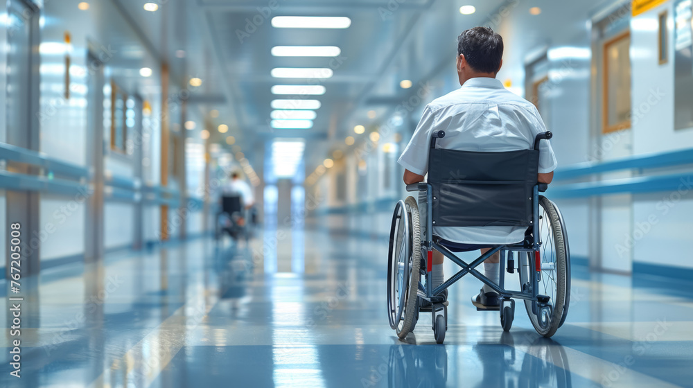 Man in a wheelchair navigating a bright hospital corridor, symbolizing recovery and hope.