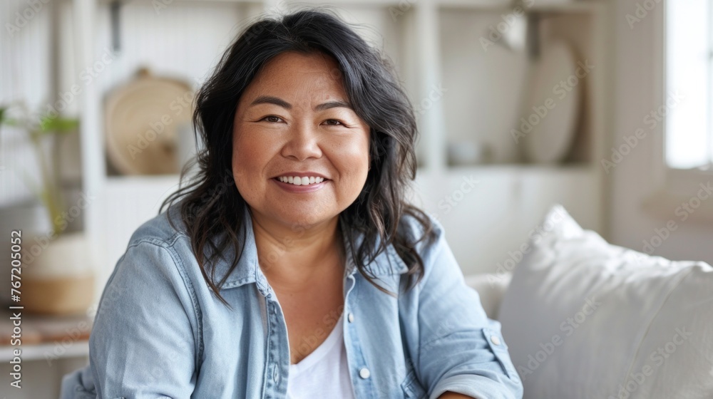 Asian woman smiling wearing blue denim jacket sitting in cozy room with white walls and plants. Asian woman smiling wearing blue denim jacket sitting in cozy room with white walls and plants.