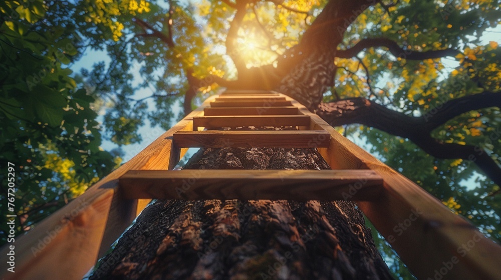 Ladder leaning against a giant tree - obrazy, fototapety, plakaty 