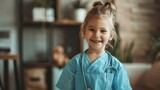 Young girl in a blue doctor's outfit smiling with her hair in pigtails standing in a room with blurred furniture and plants in the background.