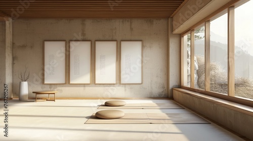 A serene yoga studio with wooden frame mockups presenting inspirational quotes in calming fonts.