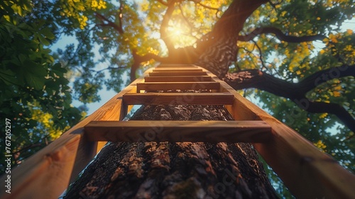 Ladder leaning against a giant tree photo