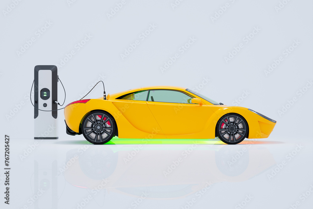 Sleek Yellow Electric Sports Car Charging at Eco-Friendly Station