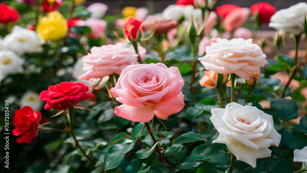 Shallow background of colorful roses in full bloom garden