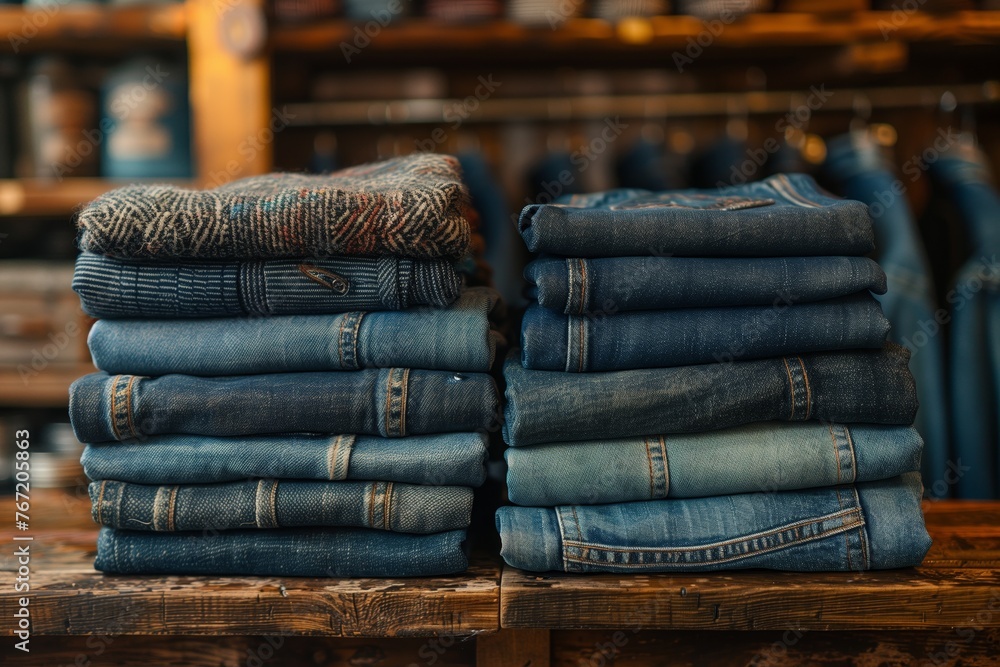 Folded jeans and sweater on wooden shelf Folded jeans and sweater on wooden shelf