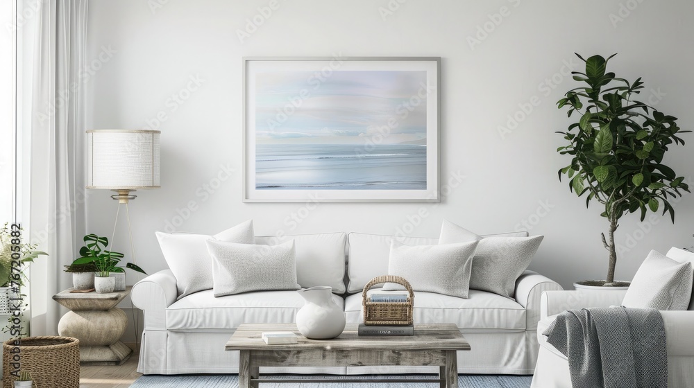 Fototapeta premium A serene coastal living room featuring a silver frame mockup showcasing a seascape painting.