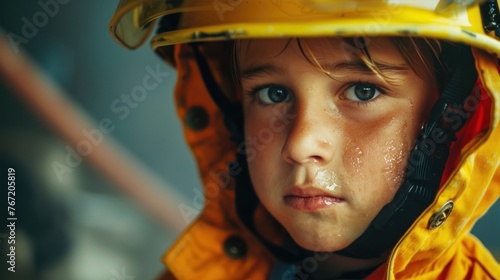 Young child wearing firefighter gear with a helmet looking serious with a slight smudge on the face. photo