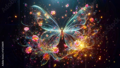 A vibrant and ethereal digital illustration depicting a magnificent glowing butterfly composed of delicate, swirling patterns and floral elements.