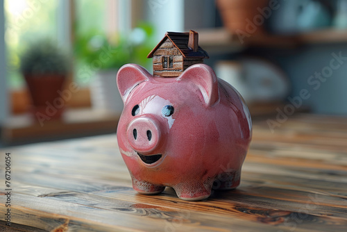 A piggy bank with a small model house. The panorama. A housing industry mortgage plan and a strategy for saving on housing taxes.