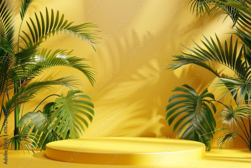 Yellow 3D product display podium with tropical summer theme, abstract background illustration Yellow 3D product display podium with tropical summer theme, abstract background illustration