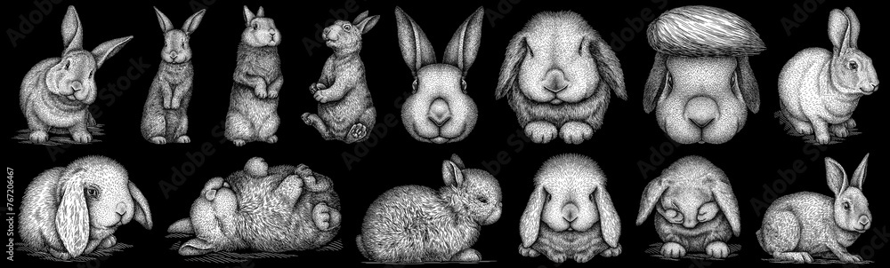 Vintage engraving isolated rabbit set illustration hare ink sketch. Easter bunny background jackrabbit silhouette art. Black and white hand draw image - obrazy, fototapety, plakaty 
