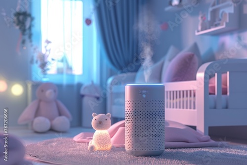 Air purifier in a childs bedroom emits a protective bubble, capturing allergens with a gentle glow , 3D illustration photo