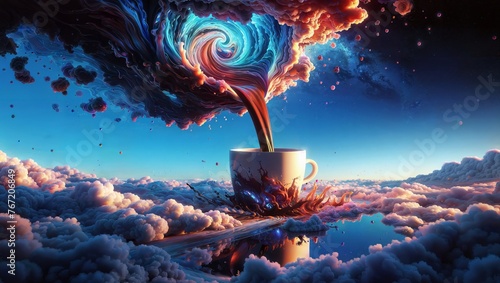 A surreal and mesmerizing image of a swirling vortex of fire and liquid emerging from a coffee cup, creating a stunning contrast against the cloudy sky and reflecting in the water below.