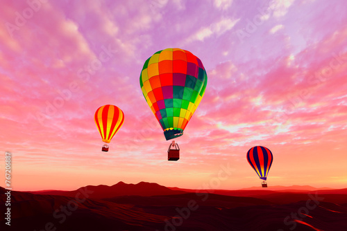 Enchanting Hot Air Balloons Soaring Across a Desert Sky at Vibrant Sunset