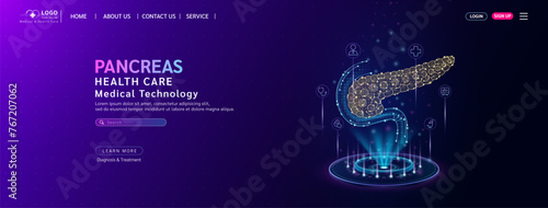 Pancreas health care. Diagnose disease with technology artificial intelligence. Medical website template layout design. Banner for medical ads online social media. Science medicine business. Vector.
