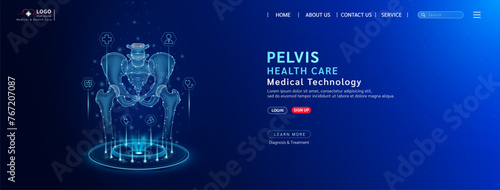 Pelvis bone health care. Diagnose disease with technology artificial intelligence. Medical website template layout design. Banner for medical ads. Science medicine business. Vector.