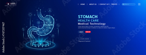 Stomach health care. Diagnose disease with technology artificial intelligence. Medical website template layout design. Banner for medical ads online social media. Science medicine business. Vector.