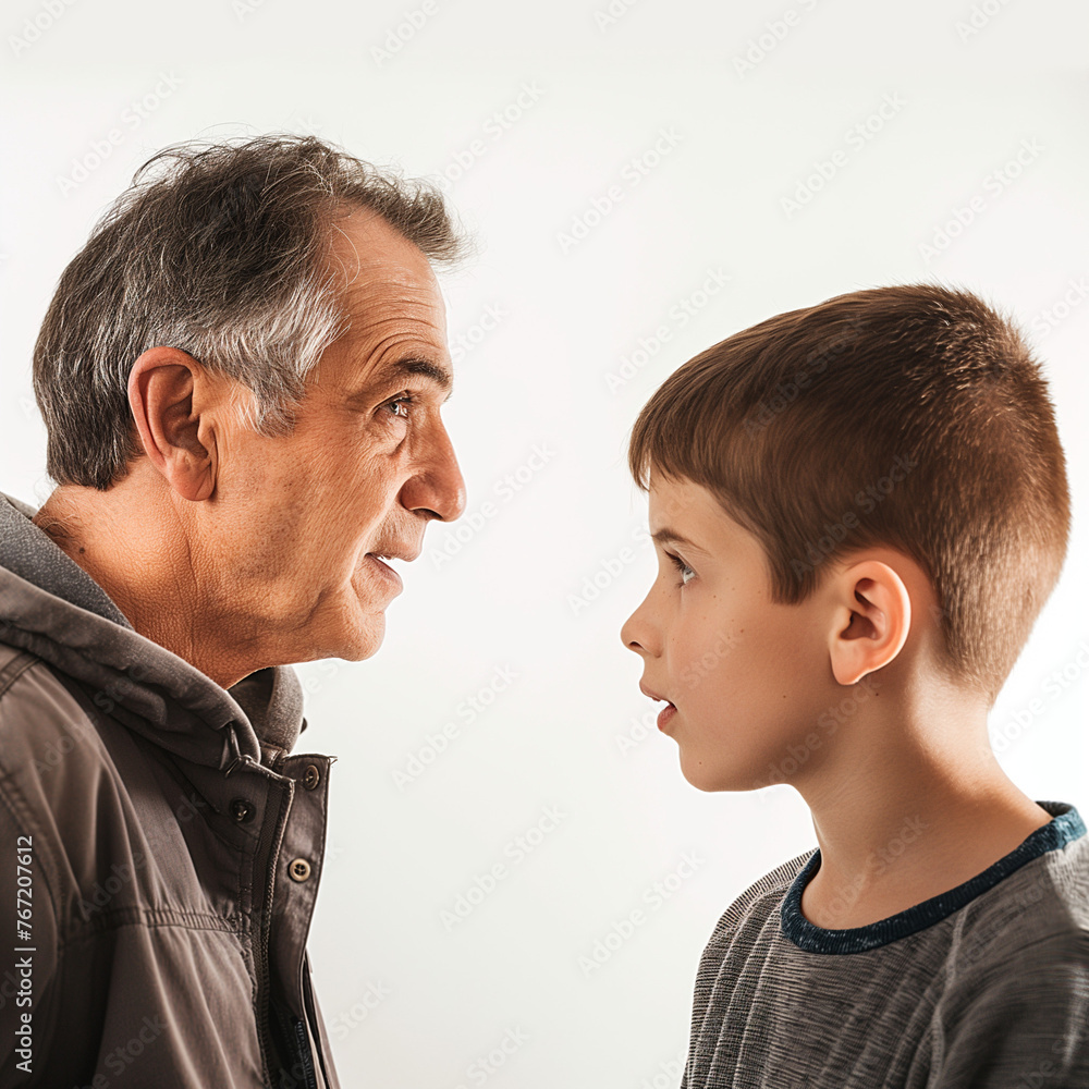 An adult man talking to a boy who looks exactly like him. The photo should not have a light background and leave space for text An adult man talking to a boy who looks exactly like him. The photo should not have a light background and leave space for text