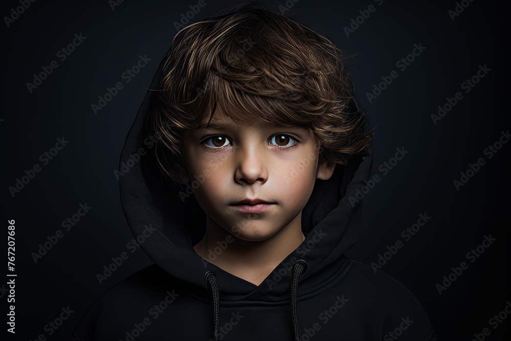 Portrait of a boy in a black hoodie on a dark background Portrait of a boy in a black hoodie on a dark background
