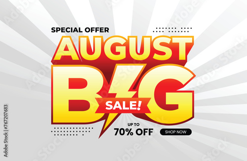August Big Sale text with extrude effect and lightning icon. For banner, poster, header, logo, template, social media, website. Vector Illustration
