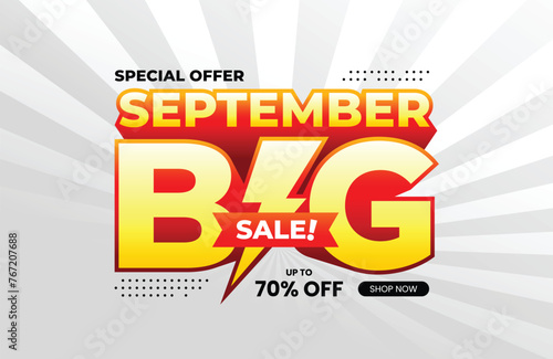 September Big Sale text with extrude effect and lightning icon. For banner, poster, header, logo, template, social media, website. Vector Illustration