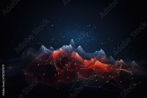 Abstract blue pink purple dot and line dark background. Cyber big data flow. Blockchain data fields. Network line connect stream. AI technology, digital communication, science research concept.