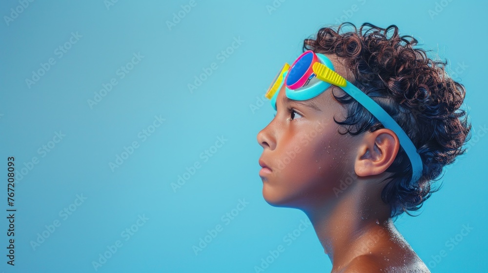 Naklejka premium Side view shot of boy with wet hair and blue goggles wearing a colorful swimsuit looking to the side with a serious expression against a blue background.