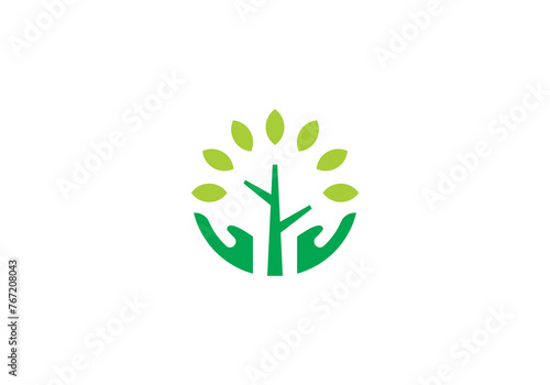 hand tree logo design. care leaf plant symbol icon template