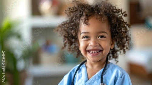 Smiling child with curly hair wearing a blue doctor's coat and stethoscope.