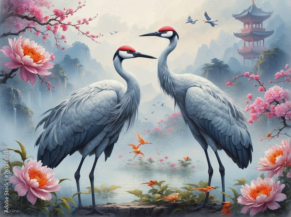 Naklejka premium Elegant Cranes and Blossoms: Traditional Asian Scenery Illustration
