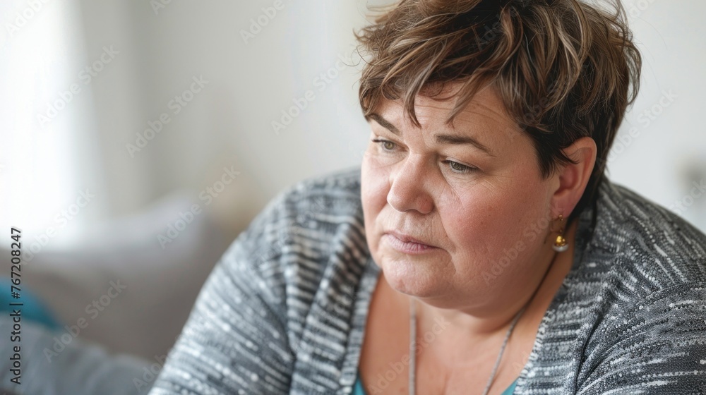Woman with short hair wearing a gray and white striped sweater looking down with a thoughtful expression. Woman with short hair wearing a gray and white striped sweater looking down with a thoughtful expression.