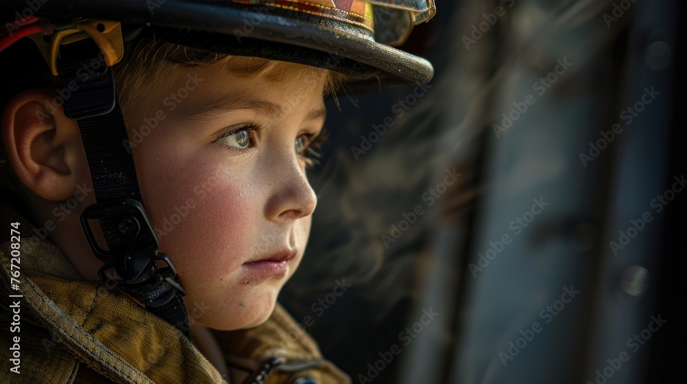 Young boy in firefighter gear looking intently ahead with a serious expression. Young boy in firefighter gear looking intently ahead with a serious expression.