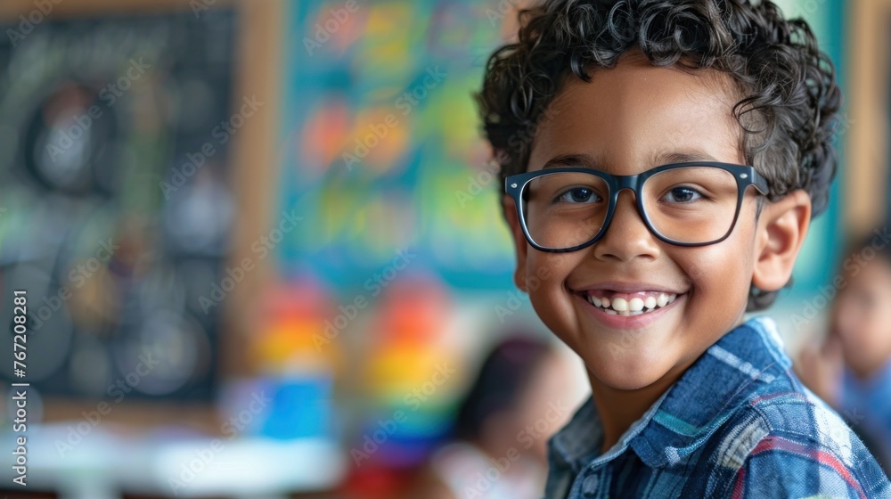 Smiling young boy with glasses wearing a plaid shirt in a classroom setting with colorful artwork on the wall. Smiling young boy with glasses wearing a plaid shirt in a classroom setting with colorful artwork on the wall.