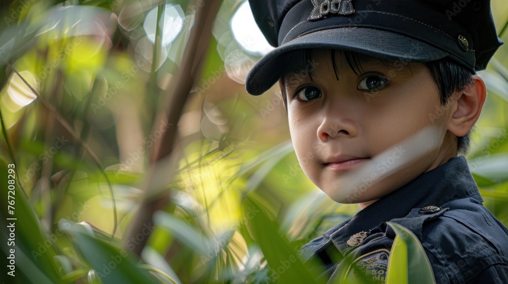 Young boy in police uniform standing amidst blurred greenery looking directly at the camera with a serious expression. Young boy in police uniform standing amidst blurred greenery looking directly at the camera with a serious expression.