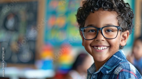 Smiling young boy with glasses wearing a plaid shirt in a classroom setting with colorful artwork on the wall.