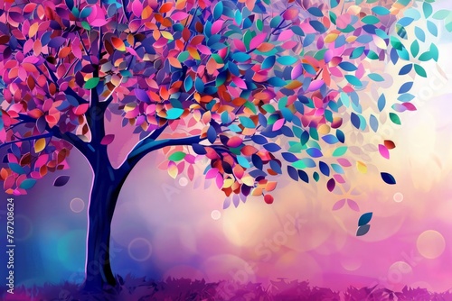 Colorful tree with leaves on hanging branches illustration background. 3d abstraction wallpaper . Floral tree with multicolor leaves © Ariful