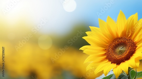 Summer banner with sunflower on blurred sunny backdrop in horizontal agriculture theme