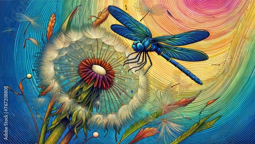 A colorful and dynamic artwork depicting a dragonfly with intricate, patterned wings hovering amidst vibrantly rendered flowers and swirling textures. photo