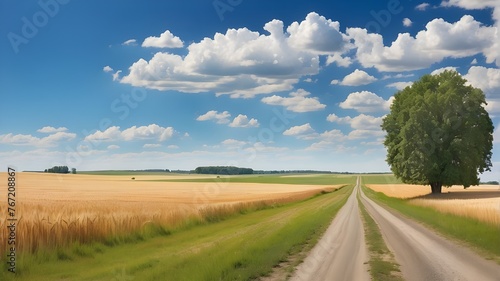 Gorgeous pastoral scene in rural banner format including a meadow and a large field of wheat separated by a vacant asphalt road against a blue summer sky.