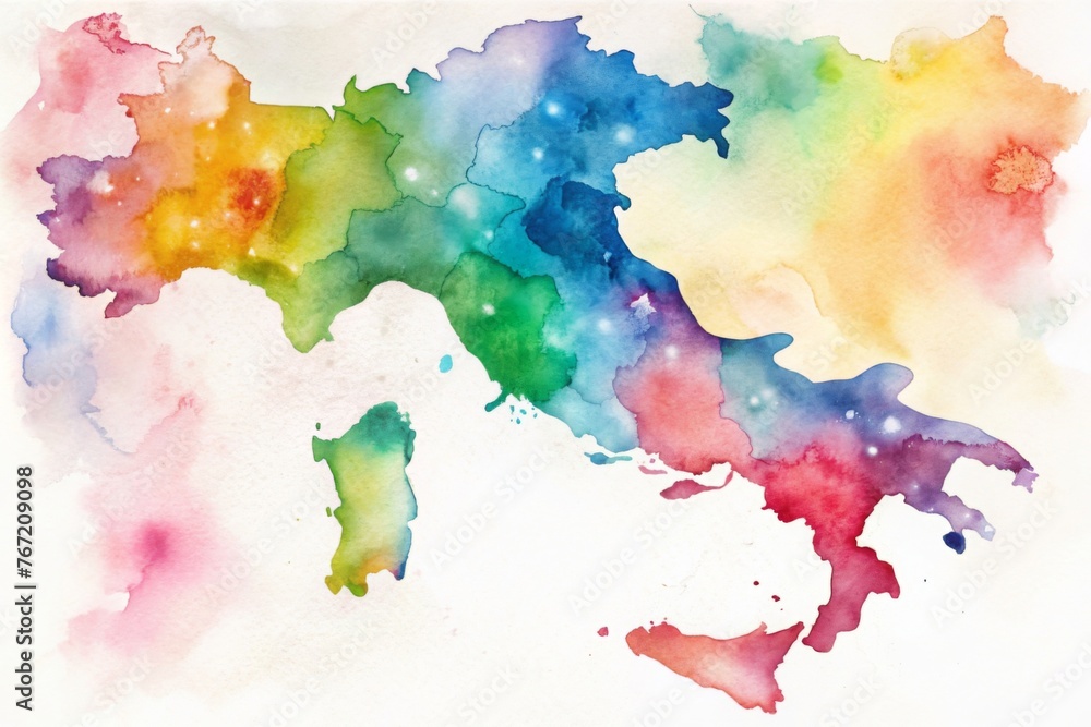 Colorful watercolor map of Italy art piece - Vibrant watercolor splashes form the map of Italy in an artistic and creative representation of the country