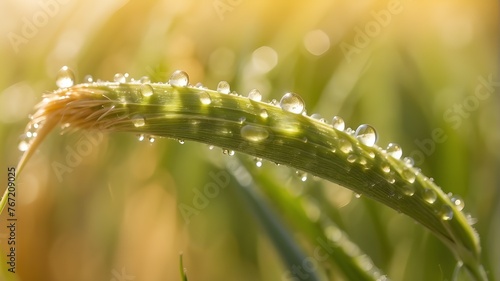 Dewdrops on a young wheat ear in sunshine, close-up macro shot. Natural wheat ear with dewdrops on a gentle, hazy gold background