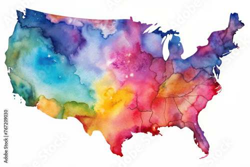 Abstract watercolor splash of United States map - Artful watercolor rendition of the US map with vibrant splashes, representing diversity and unity photo