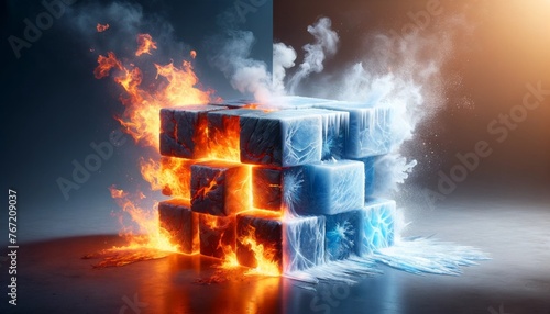 Ice and fire contrast with ice cubes - Dramatic contrast between flaming ice cubes and cold flames, showcasing a dynamic balance of elements