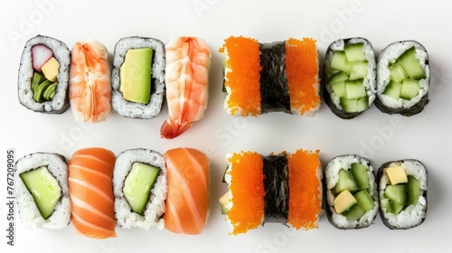 Assorted Sushi and Sashimi Selection on a White Background