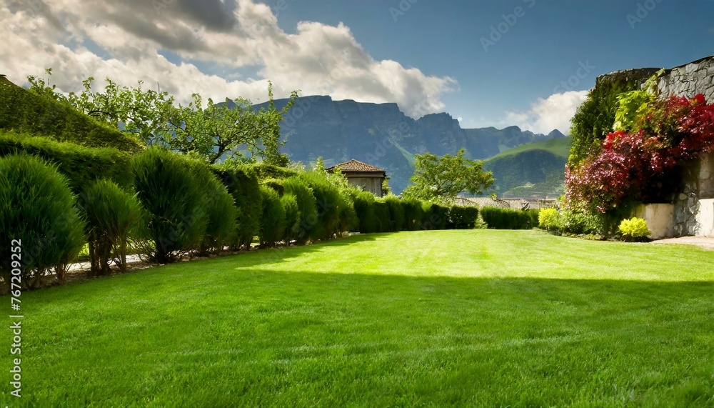 Landscape in summer with a green manicured lawn