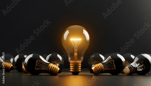 One of the light bulbs glowing among switched off light bulbs in a dark area 3D rendering technique.