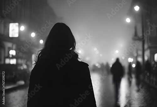 Silhouette de dos d'une femme marchant dans une rue la nuit