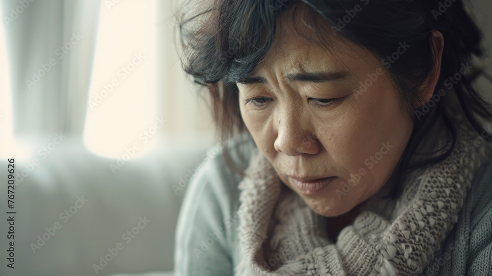 Asian woman with dark hair wearing a knitted scarf looking down with a concerned expression sitting in a softly lit room with a blurred background. Asian woman with dark hair wearing a knitted scarf looking down with a concerned expression sitting in a softly lit room with a blurred background.