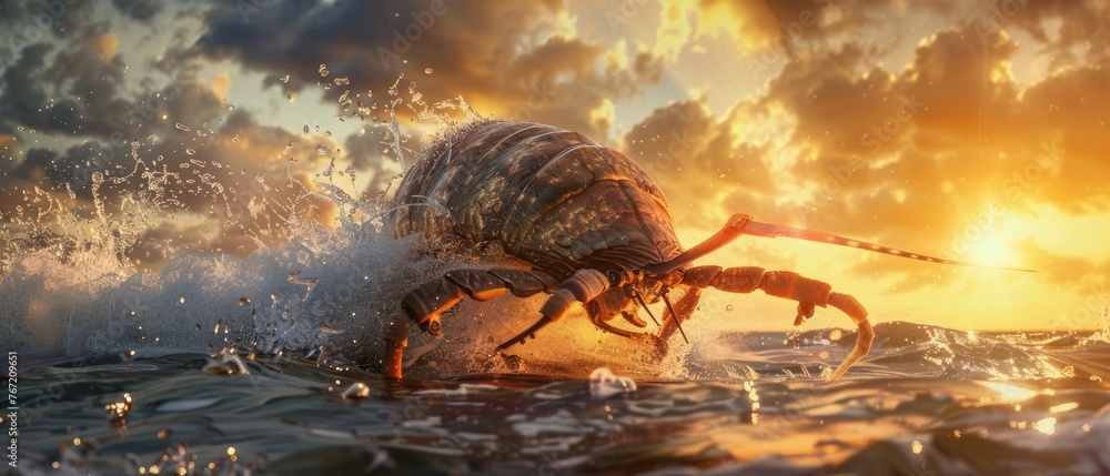 Giant isopod leaping out of the water, capturing the moment with splashing water and a dramatic sunset in the background, blending the boundaries between sea and sky , 3D illustration - obrazy, fototapety, plakaty 